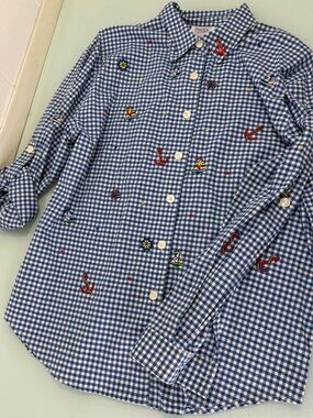 Teddi Shirt Nautical Blouse Large L Gingham Tab Roll Up Sleeves Sailboats Anchor